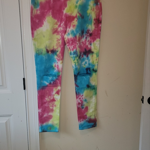 NWT Fashion Nova Pink Yellow Blue Tie Dye Denim High Rise Pants Jeans - Picture 6 of 16